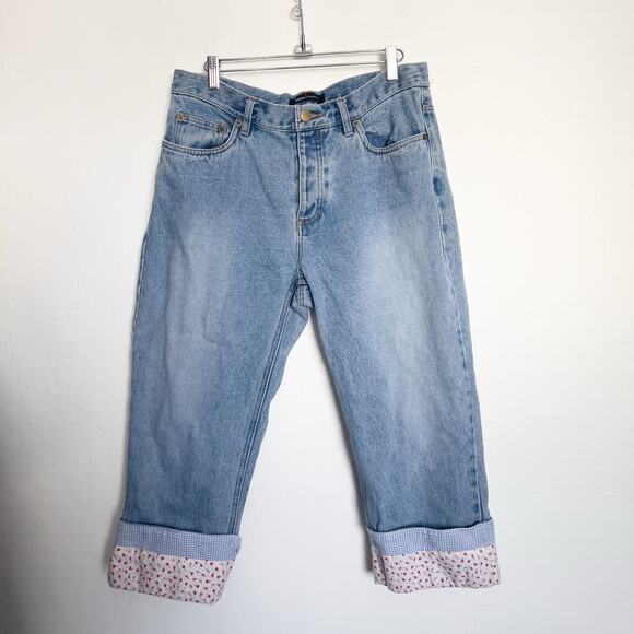 Vintage Moda International Jeans 10 Denim Cuffed Floral Checkered Cottage  Y2K - Picture 1 of 8